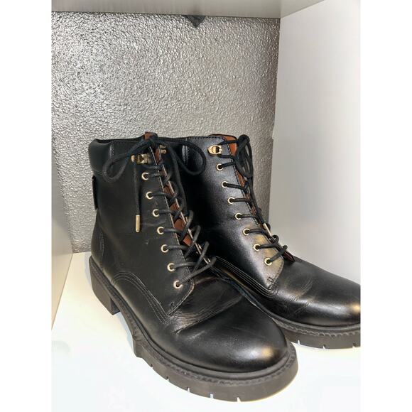 Coach Biker Combat Goth Mid Black Leather Calf Round Toe Lace up Combat Boots - Picture 1 of 12